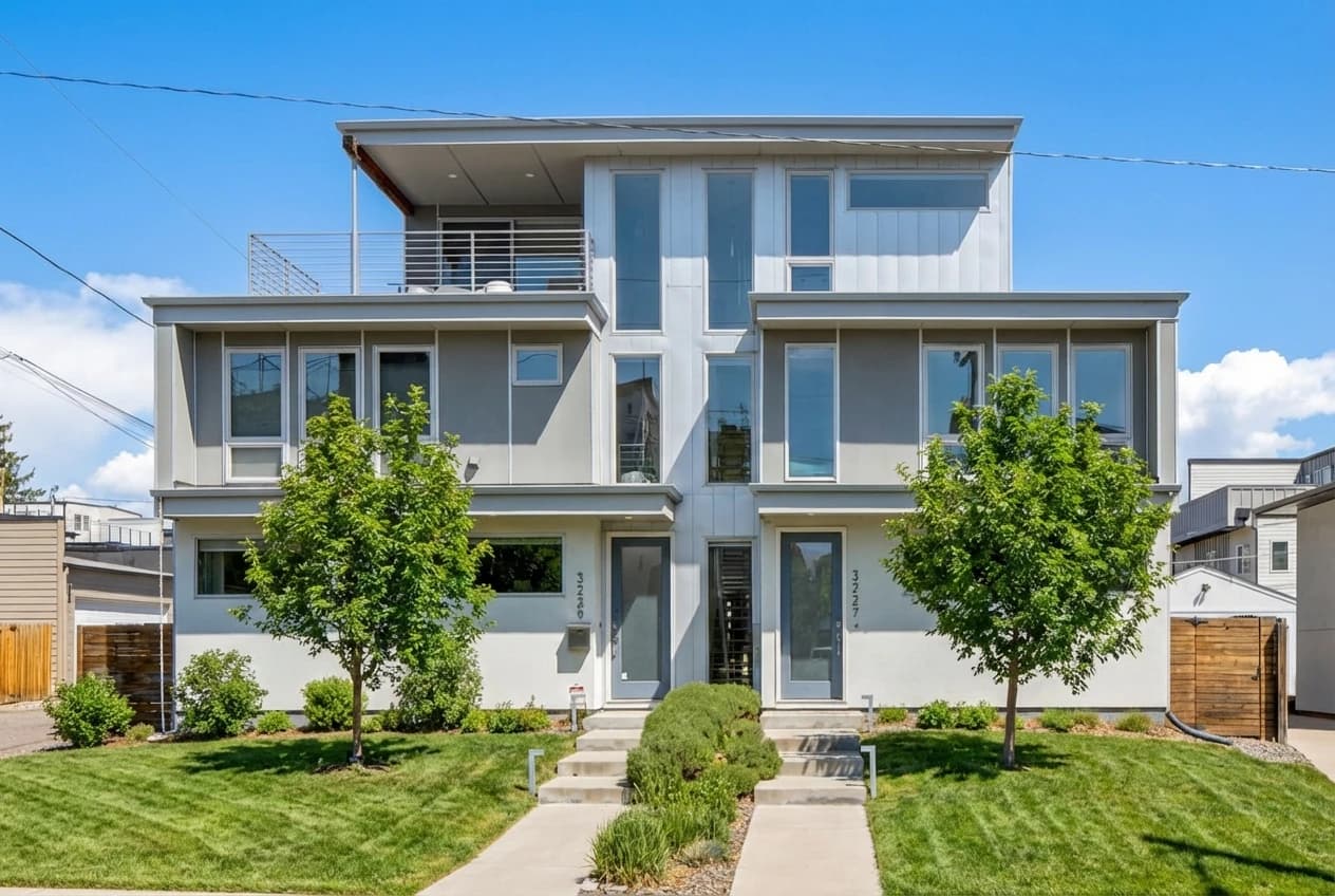 Daytime exterior of the modern half-duplex at 3227 W 20th Ave.